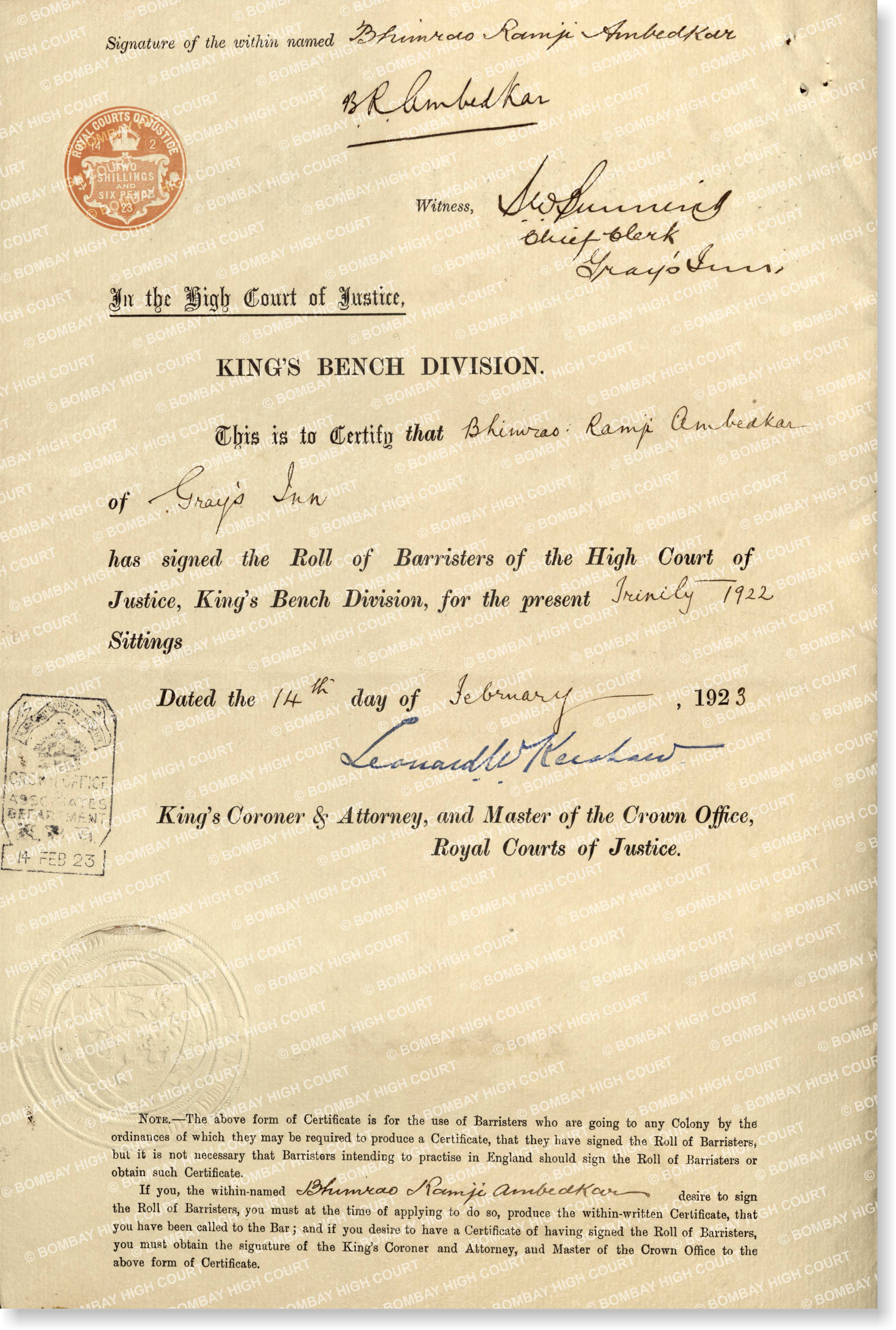 Rear View Gray's Inn Barrister Certificate